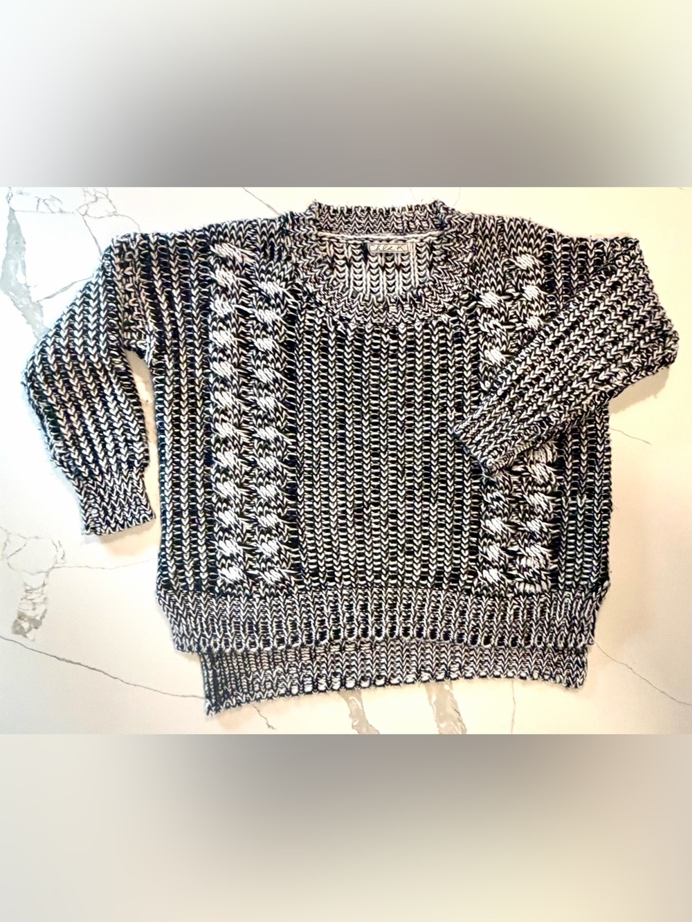 Black and White Marled Cable Knit Sweater